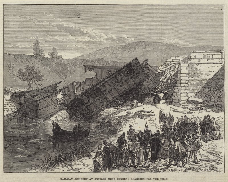 Wypadek kolejowy w Antibes k. Cannes, włóczenie się po zmarłych (rycina) autorstwa English School