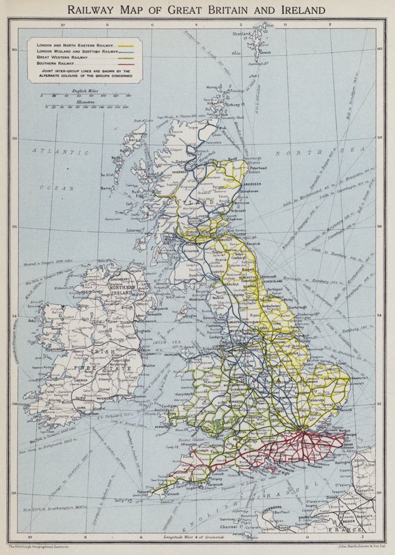 Mapa kolejowa Wielkiej Brytanii i Irlandii (kolorowa litografia) autorstwa English School