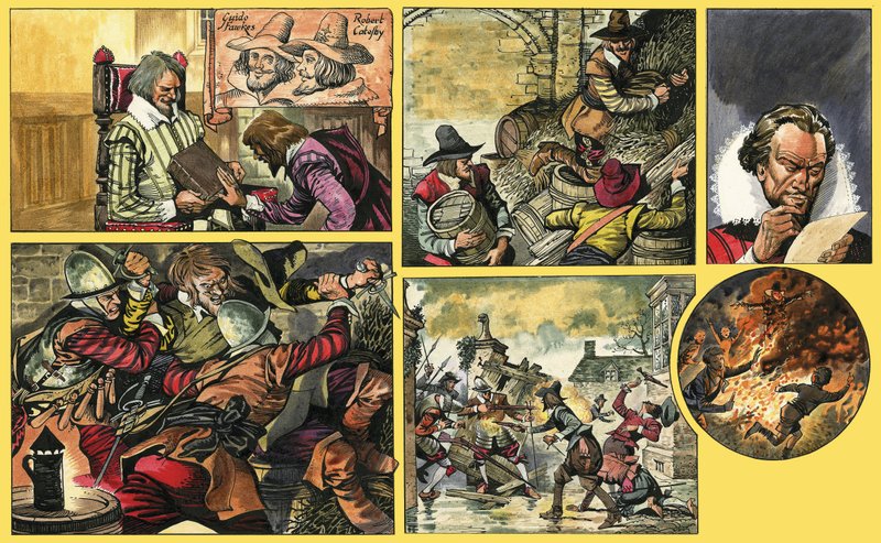 Strażnik patrzy na Guya Fawkesa autorstwa English School