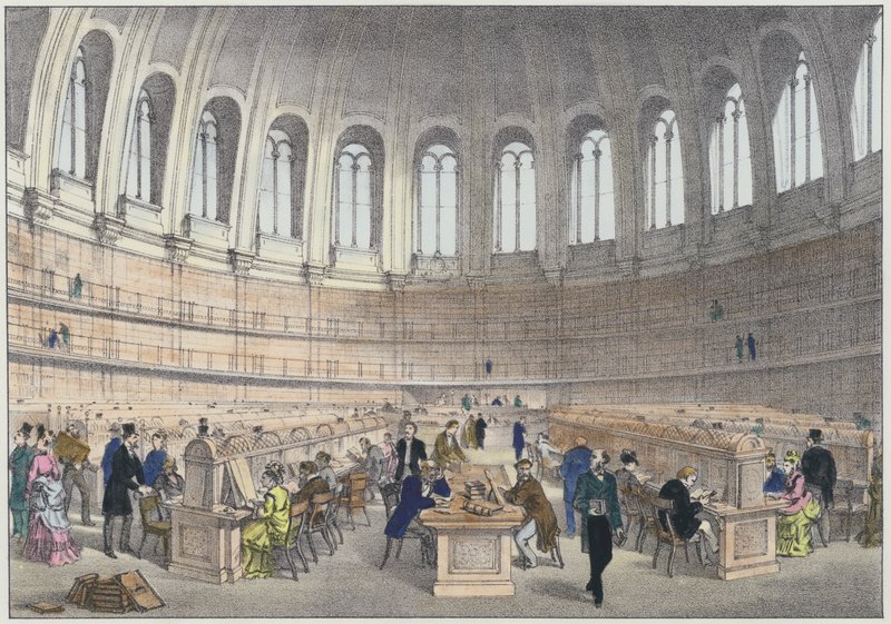 Czytelnia w British Museum w Londynie (kolorowa grawerunek) autorstwa English School