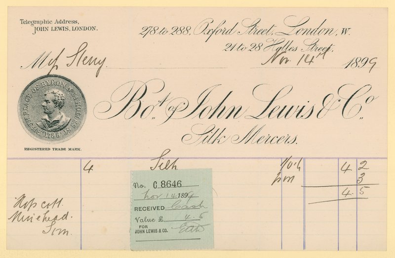 Pokwitowanie od John Lewis & Co., 14 listopada 1896 r. autorstwa English School