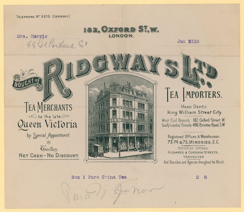Pokwitowanie od Ridgways, importerów herbaty, 182 Oxford Street, Londyn autorstwa English School