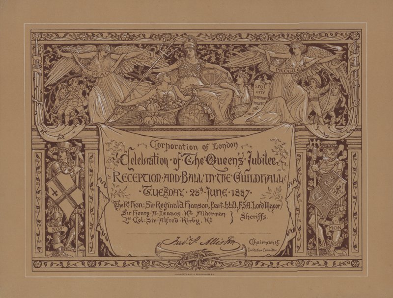 Przyjęcie i bal z okazji złotego jubileuszu królowej Wiktorii w Guildhall, City of London, 28 czerwca 1887 r. (litografia) autorstwa English School