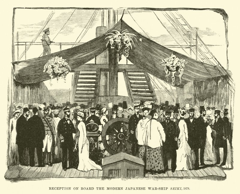 Odbiór na pokładzie nowoczesnego japońskiego okrętu wojennego Seiki, 1878 autorstwa English School