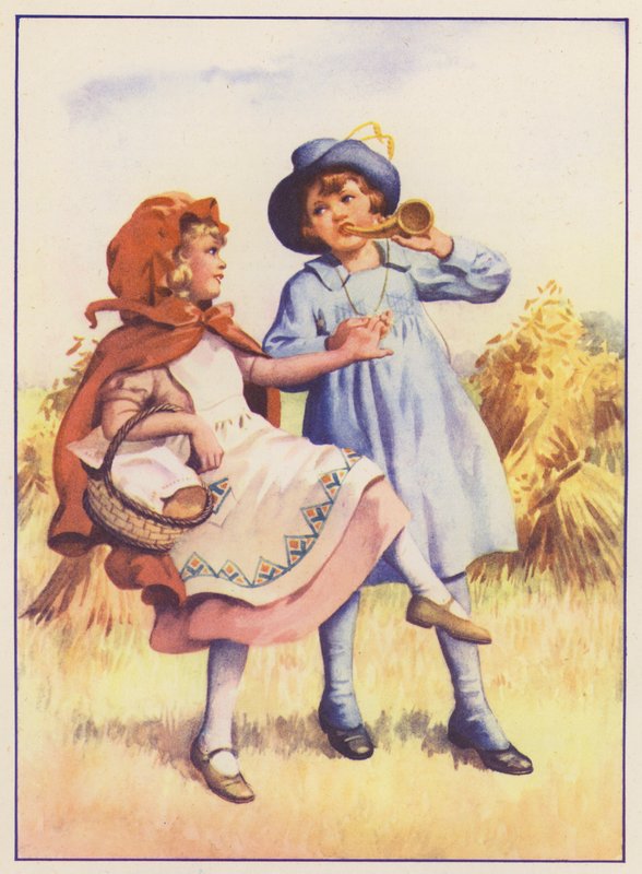 Czerwony Kapturek i Mały Niebieski Chłopiec (kolorowa litografia) autorstwa English School