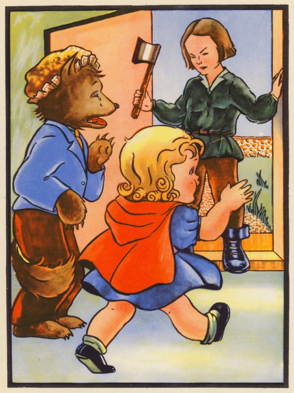 Ojciec Czerwonego Kapturka wkracza w samą porę (kolorowa litografia) autorstwa English School