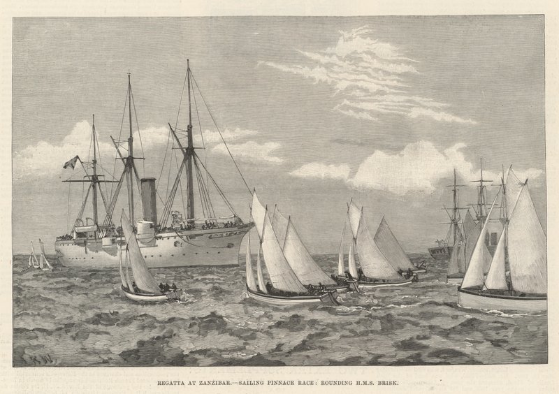 Regaty na Zanzibarze, wyścig na szalupach żeglarskich, okrążenie HMS Brisk (grawerowanie) autorstwa English School