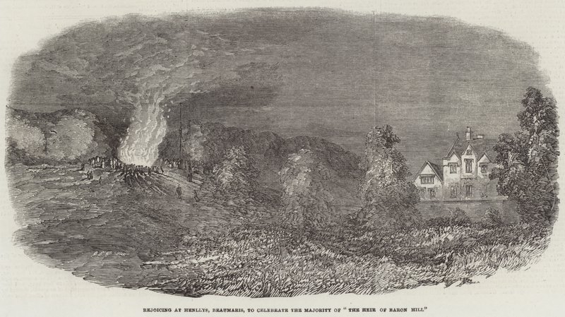 Radowanie się w Henllys, Beaumaris, aby uczcić większość „Spadkobiercy Baron Hill” (rycina) autorstwa English School