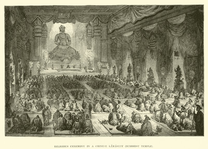 Ceremonia religijna w chińskim klasztorze, świątyni buddyjskiej autorstwa English School