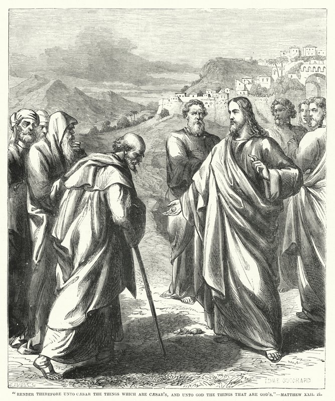 Oddajcie więc Cezarowi to, co należy do Cezara, a Bogu to, co Boże, Ew. Mateusza XXII, 21 (rycina) autorstwa English School