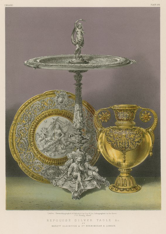 Repousse Silver Table itp. autorstwa panów Elkington and Co, Birmingham i Londynu autorstwa English School