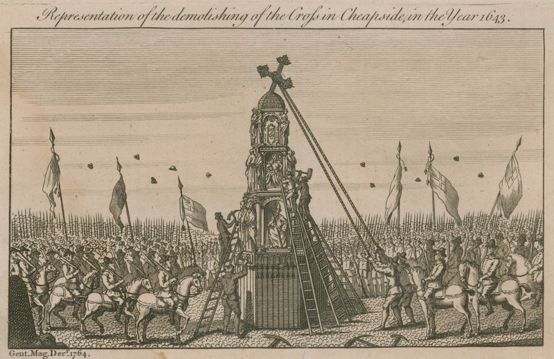 Reprezentacja zburzenia krzyża w Cheapside w roku 1643 autorstwa English School