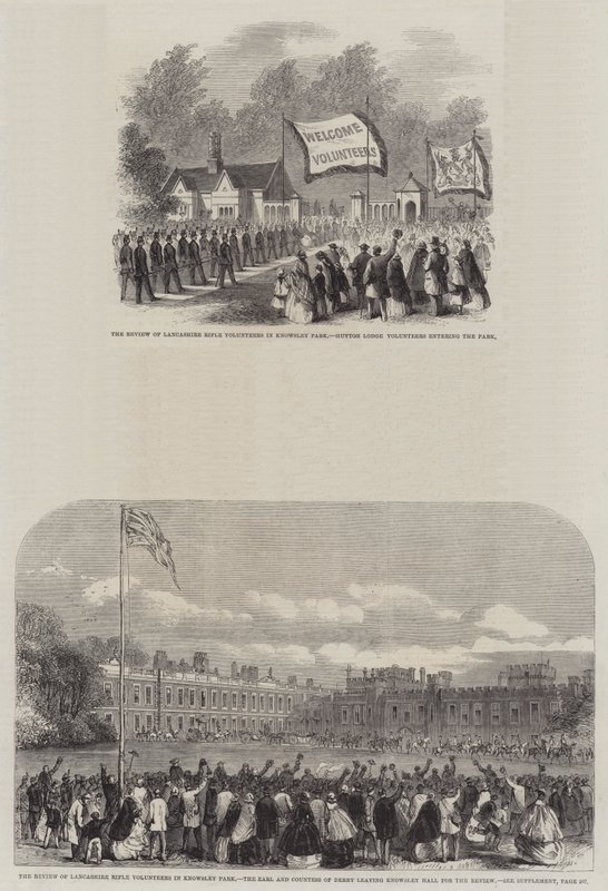 Recenzja wolontariuszy Lancashire Rifle w Knowsley Park (grawerowanie) autorstwa English School
