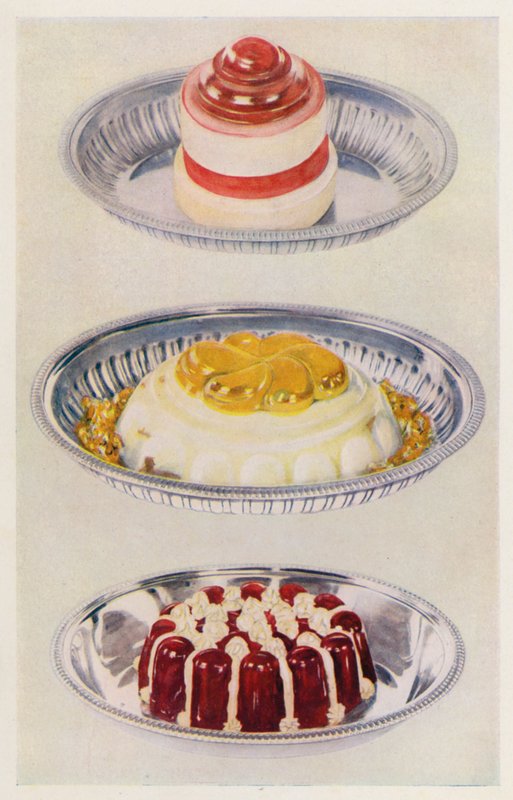 Galaretka wstążkowa; Venus Pudding; Galaretka winna i krem (kolorowa litografia) autorstwa English School