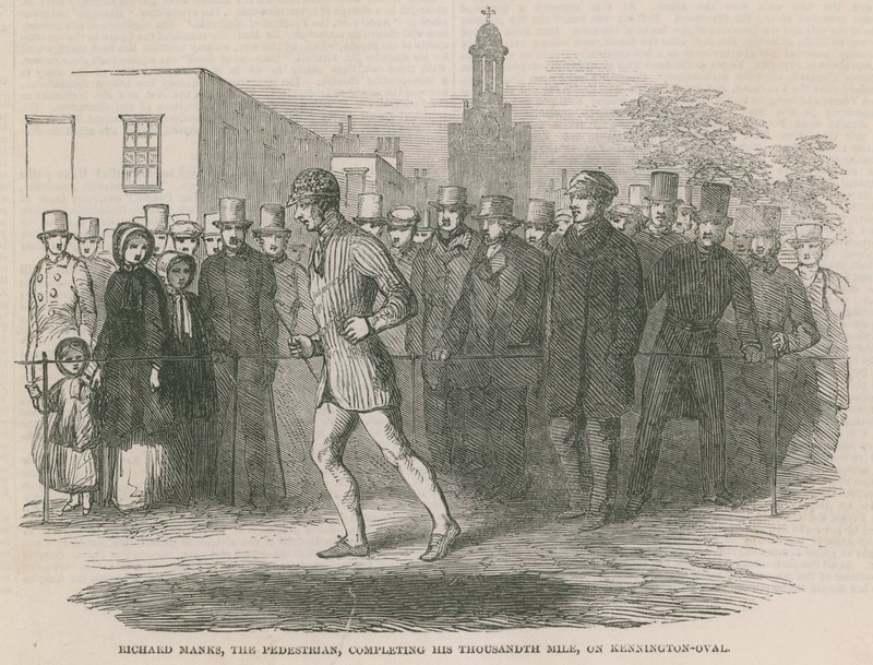 Richard Manks, pieszy, pokonuje swoją tysięczną milę na Kennington Oval autorstwa English School