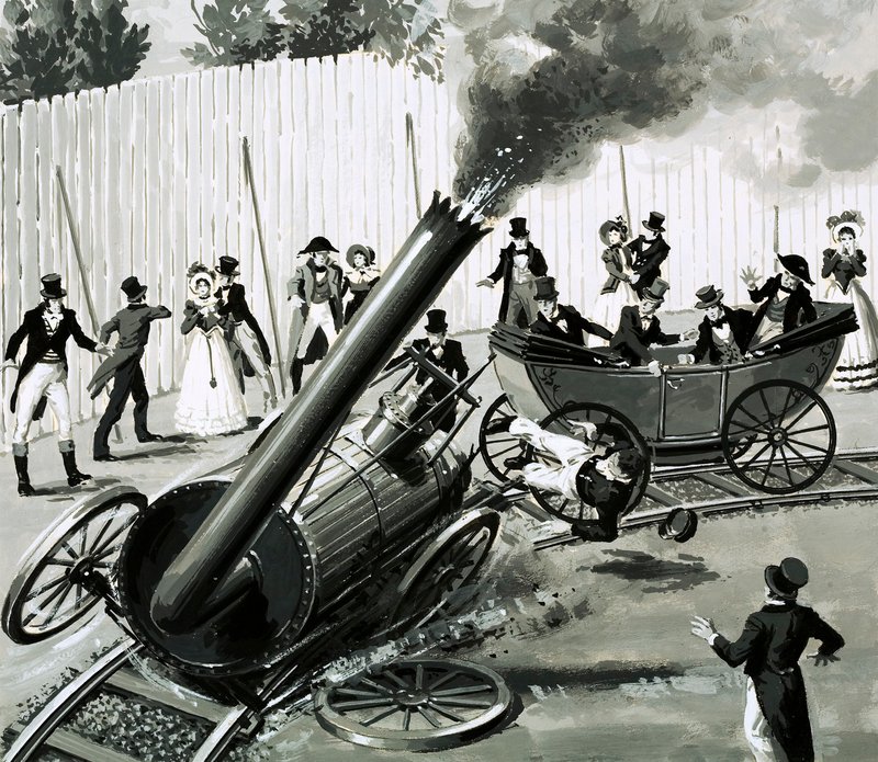 Richard Trevithick zbudował małą okrężną kolej w Londynie, aby wprowadzić ludzi w podróżowanie koleją (gwasz na papierze) autorstwa English School