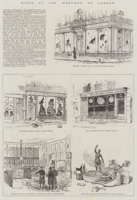 Zamieszki w West-End of London (grawerowanie) autorstwa English School