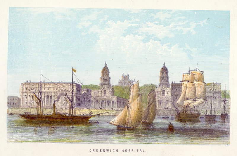 Tamiza: Greenwich Hospital (kolorowy grawerunek) autorstwa English School