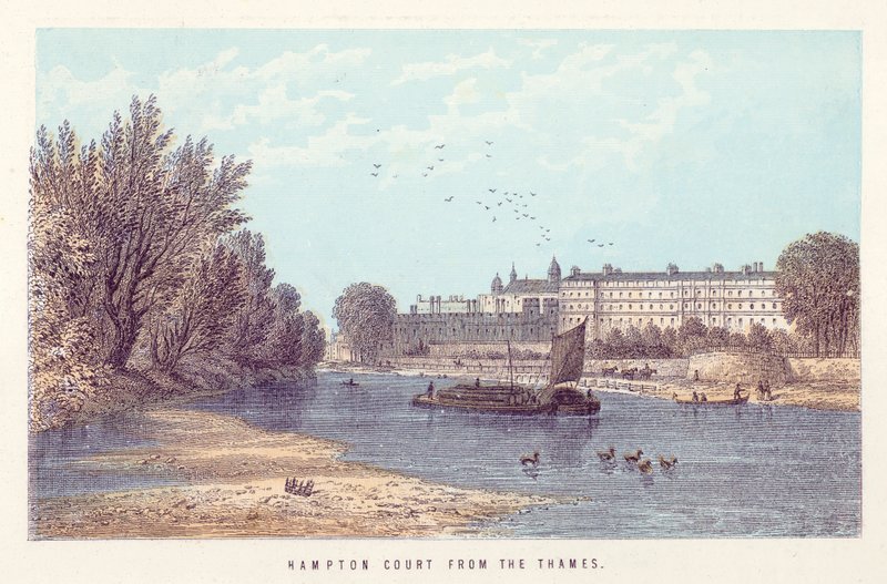 Tamiza: Hampton Court z Tamizy (kolorowy grawerunek) autorstwa English School