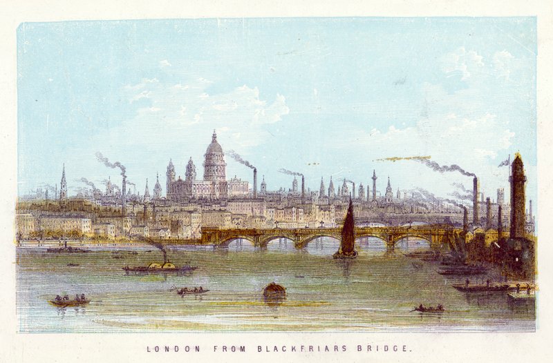 Tamiza: Londyn z Blackfriars Bridge (kolorowy grawerunek) autorstwa English School