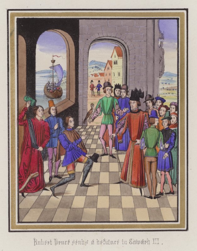 Robert Bruce przeciwstawia się królowi Edwardowi III (kolorowy grawerunek) autorstwa English School