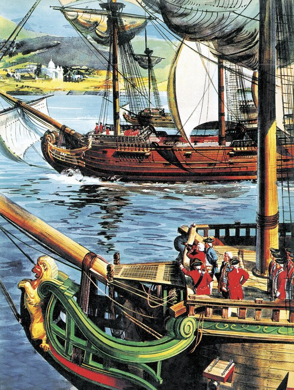 Robert Clive płynie w górę Zatoki Bengalskiej do ujścia Gangesu autorstwa English School