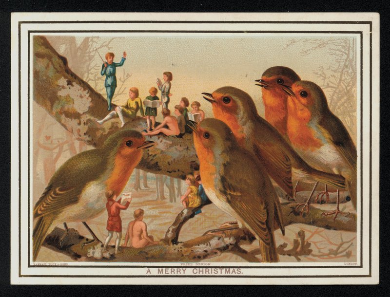 Robins i grupa wykonawców, kartka z życzeniami świątecznymi. (chromolitho) autorstwa English School