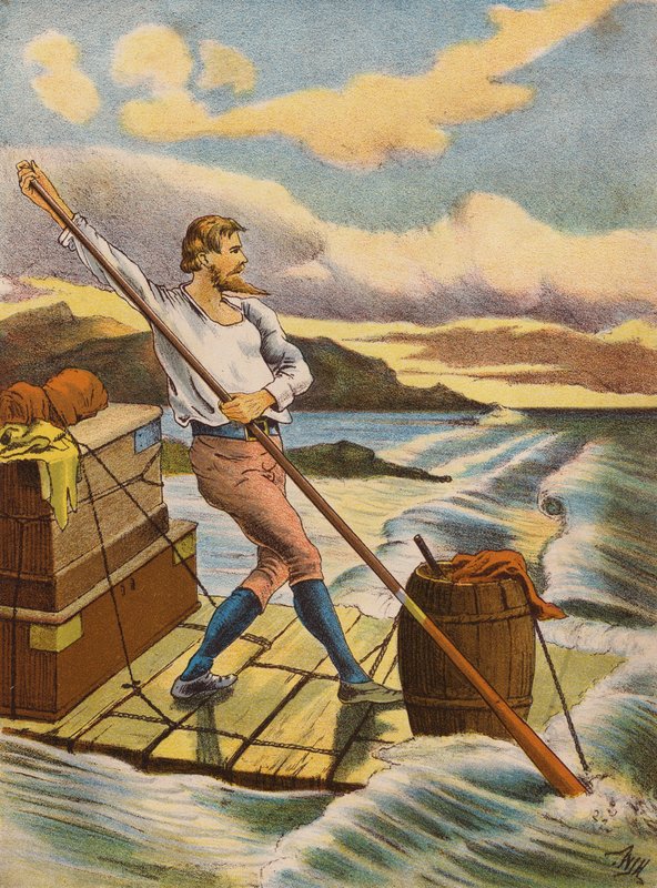 Robinson Crusoe (kolorowa litografia) autorstwa English School