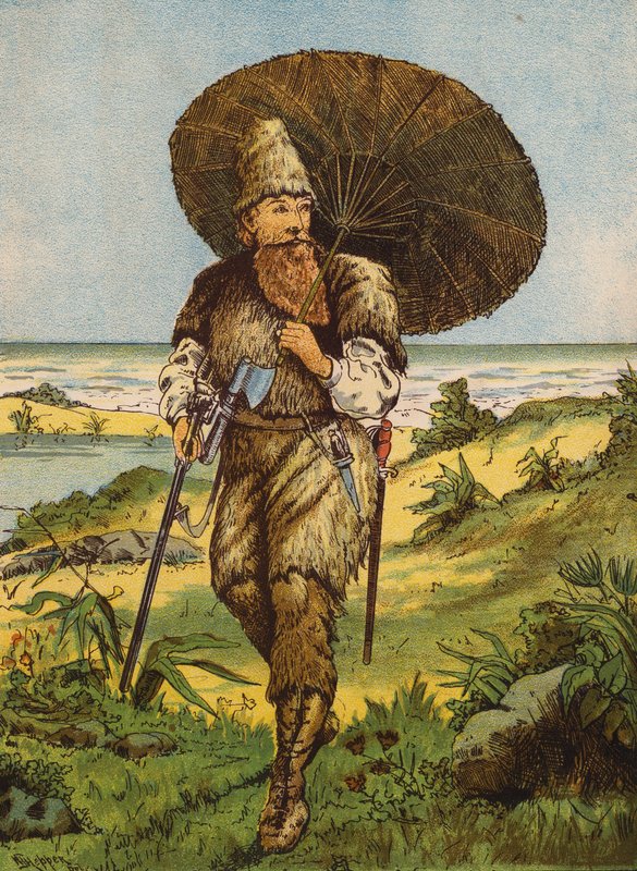 Robinson Crusoe (kolorowa litografia) autorstwa English School