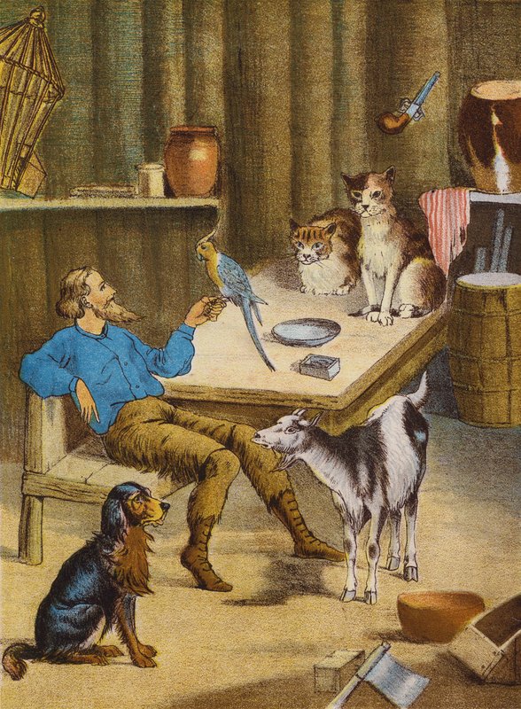 Robinson Crusoe (kolorowa litografia) autorstwa English School