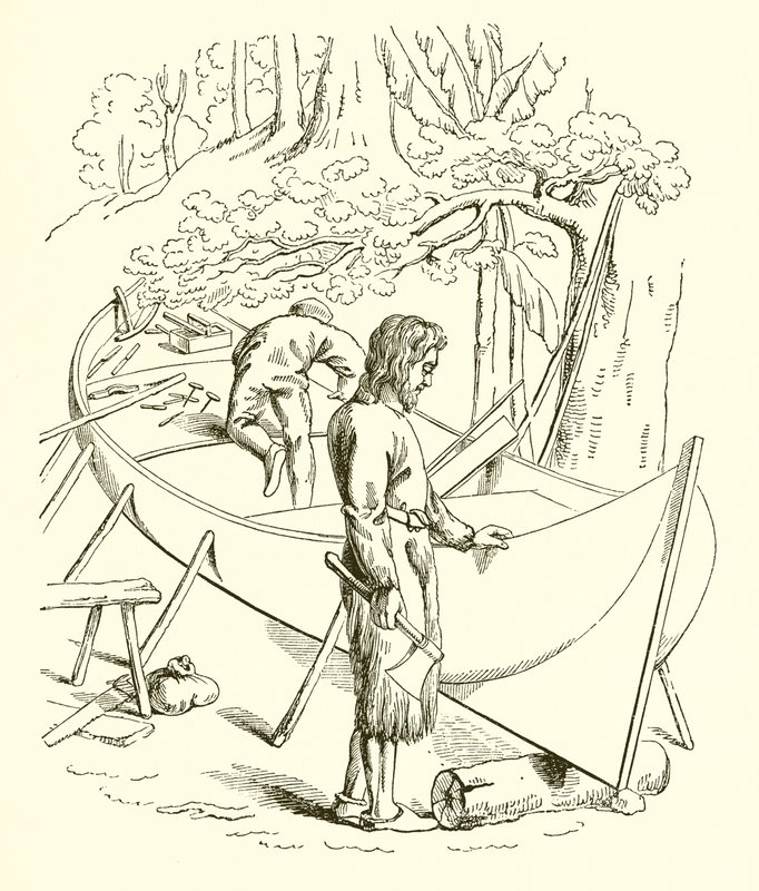 Robinson Crusoe buduje swoją łódź autorstwa English School