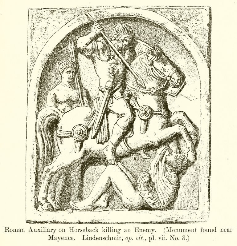 Rzymski pomocnik na koniu zabija wroga. (Pomnik znaleziony w pobliżu Mayence. Lindenschmit, op. cit., vii. nr 3) autorstwa English School