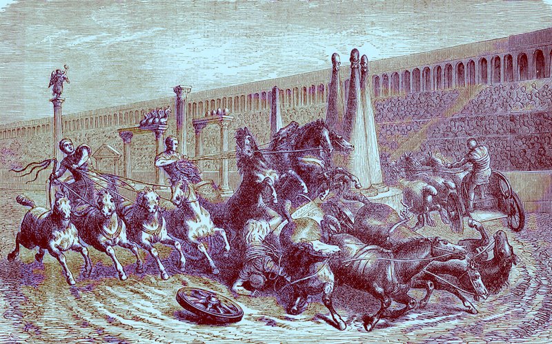 Rzymskie igrzyska publiczne pod panowaniem cesarstwa - wyścig rydwanów w cyrku, ilustracja z Ilustrowanej Historii Świata, wydanej ok. 1880 r. (obraz powiększony cyfrowo) autorstwa English School