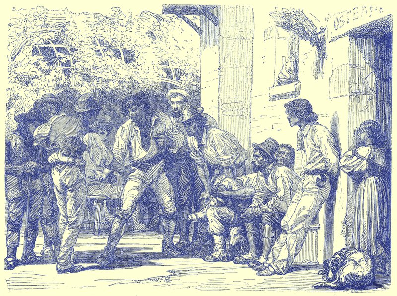 Rzymianie bawiący się w Mora, ilustracja z Illustrated Travels, pod redakcją H. W. Batesa, wydana ok. 1880 r. (obraz ulepszony cyfrowo) autorstwa English School