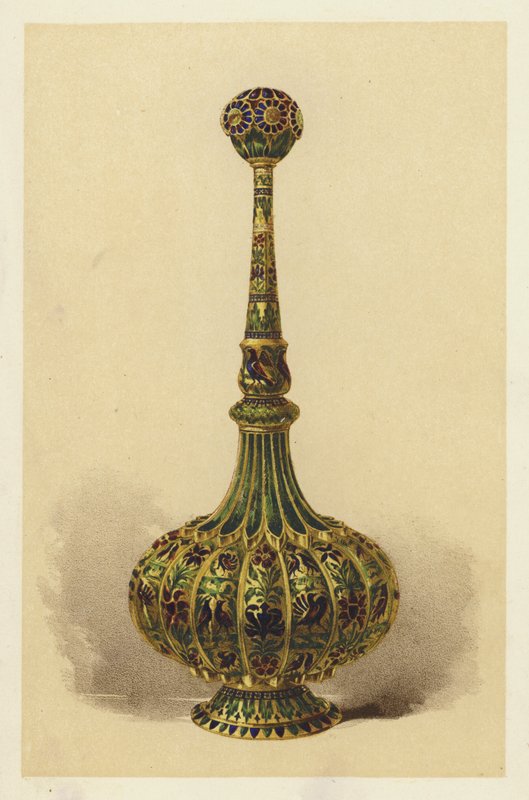 Butelka na wodę różaną lub tryskacz, pozłacana srebrem i emaliowana (chromolitho) autorstwa English School