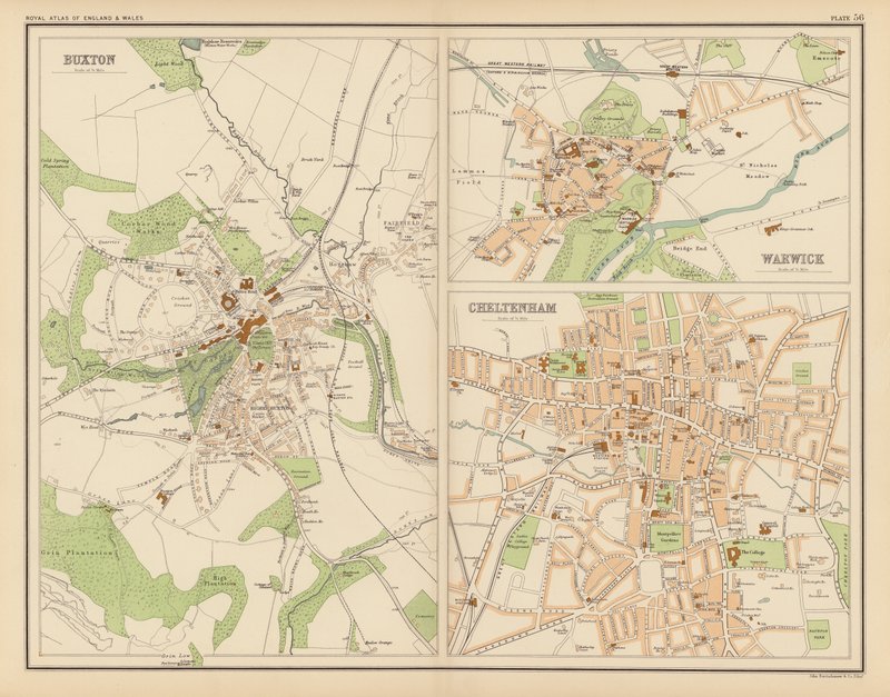 Atlas Królewski, ok. 1900: Buxton; Warwicka; Cheltenham (kolor lito) autorstwa English School