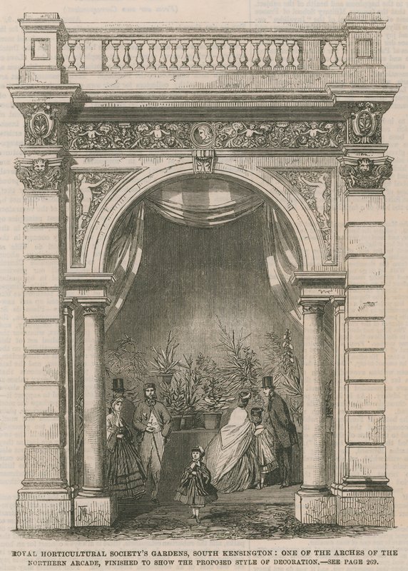 Ogrody Królewskiego Towarzystwa Ogrodniczego, South Kensington: jeden z łuków północnej arkady autorstwa English School