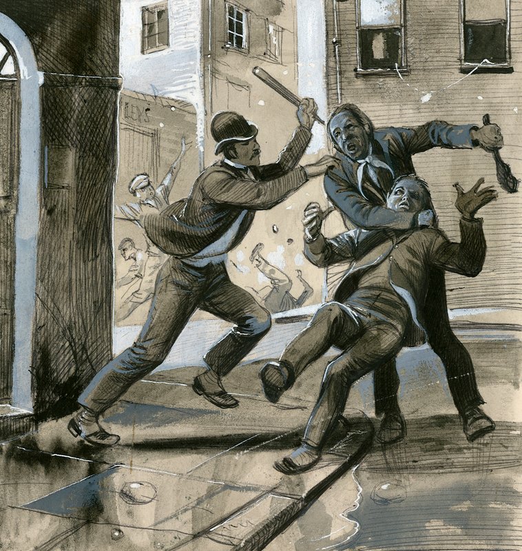 Royal Marines jako zwykli policjanci w 1882 r. pomagający dublińskiej policji w walce z "Niezwyciężonymi". autorstwa English School
