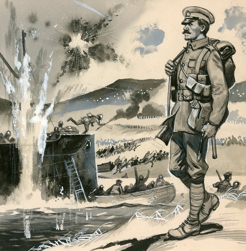 Royal Marines podczas desantu desantowego w Dardanelach w 1915 r autorstwa English School