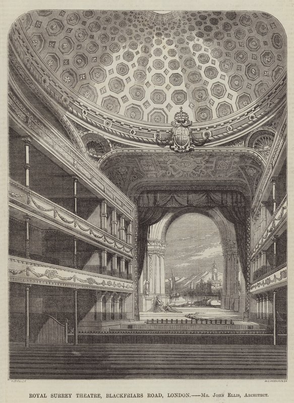 Royal Surrey Theatre, Blackfriars Road, Londyn, John Ellis, architekt (grawerowanie) autorstwa English School