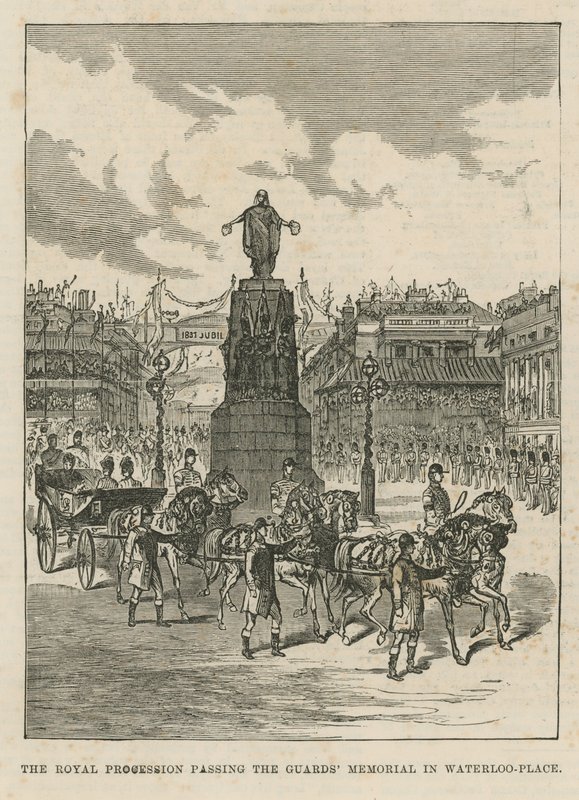 Królewska procesja przechodząca obok Pomnika Strażników w Waterloo Place autorstwa English School