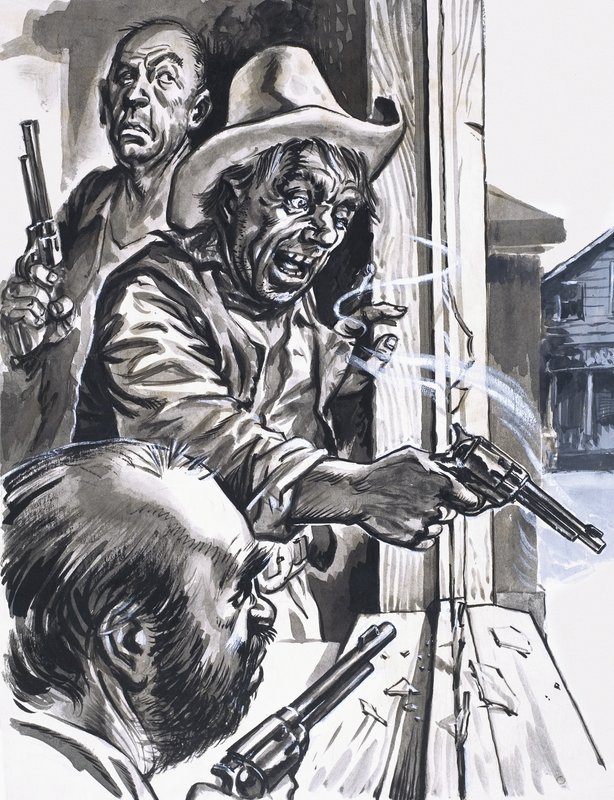 Kowboje z Ruffian Cowboys strzelający z okna autorstwa English School