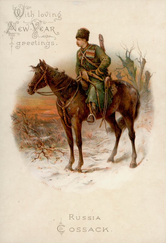 Rosyjski Kozak na koniu: Kartka z życzeniami noworocznymi (chromolitho) autorstwa English School