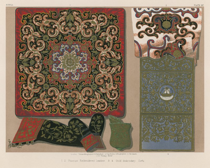 Rosyjska haftowana skóra, złoty haft, Korfu (chromolitho) autorstwa English School