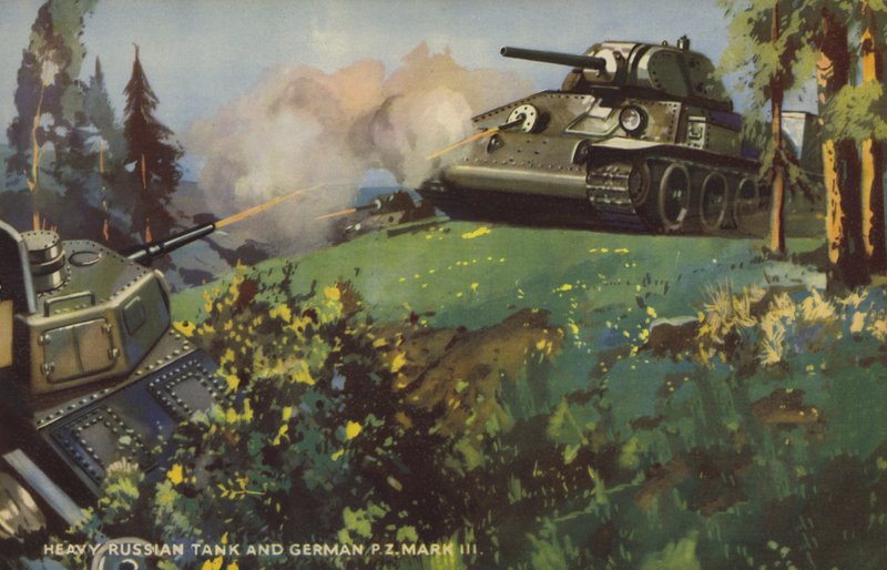 Rosyjski czołg ciężki i niemiecki Panzer III, II wojna światowa (kolor lito) autorstwa English School