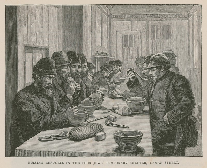Rosyjscy uchodźcy w tymczasowym schronie dla biednych Żydów, Leman Street, Londyn autorstwa English School