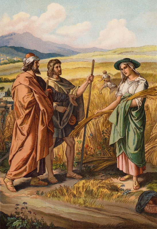Ruth pyta Boaza, czy może zbierać kłosy na jego polu (chromolitho) autorstwa English School