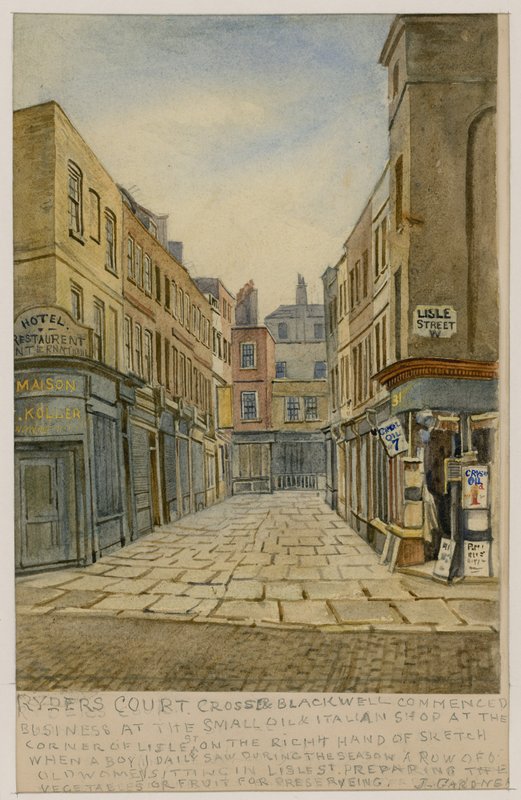 Ryders Court i róg Lisle Street, Londyn (wc na papierze) autorstwa English School