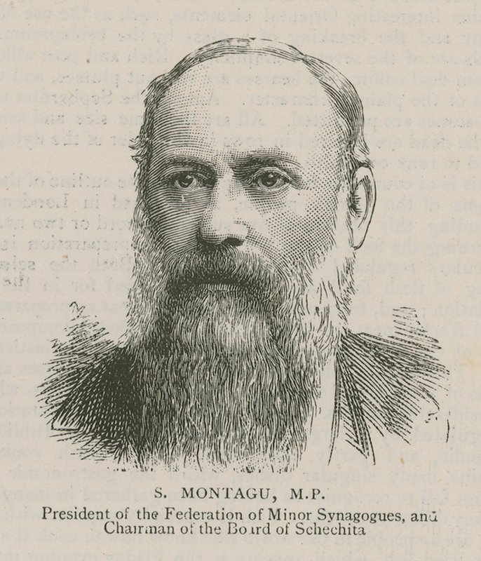 S Montagu, poseł, przewodniczący Federacji Małych Synagog i przewodniczący zarządu Schechita autorstwa English School