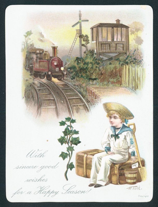 Sailor Boy czeka na pociąg, kartka świąteczna autorstwa English School
